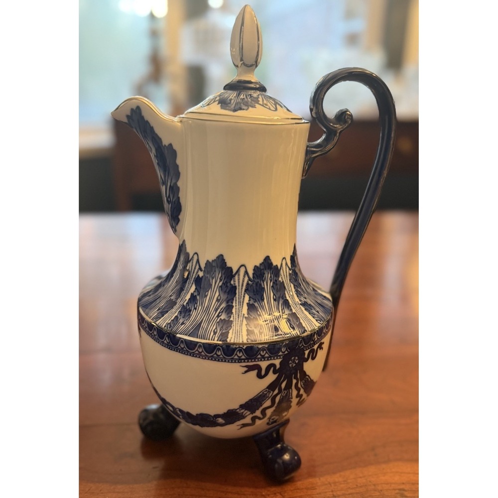 Bombay Company Blue White Rosette Porcelain Coffee Pot 13.5" Footed Teapot